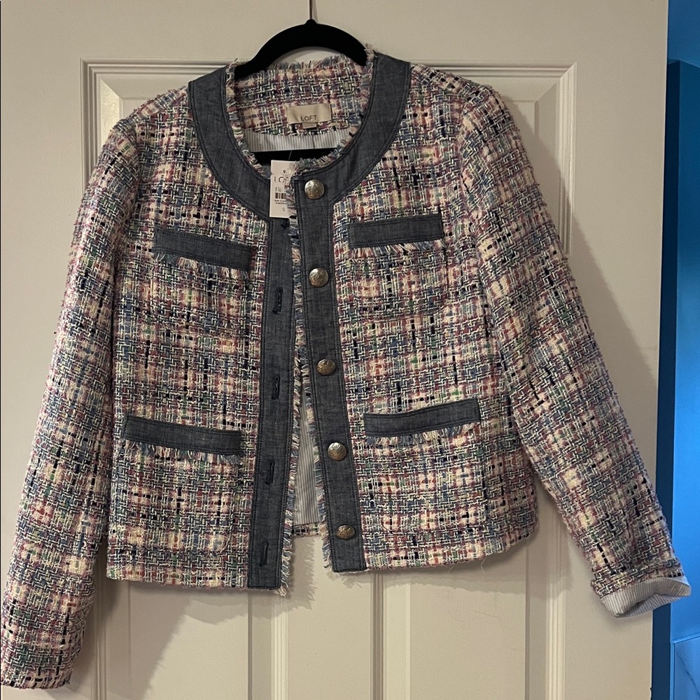 NWT Ann Taylor LOFT Tweed Button-Front Blazer – Multi-Color with Denim Trim